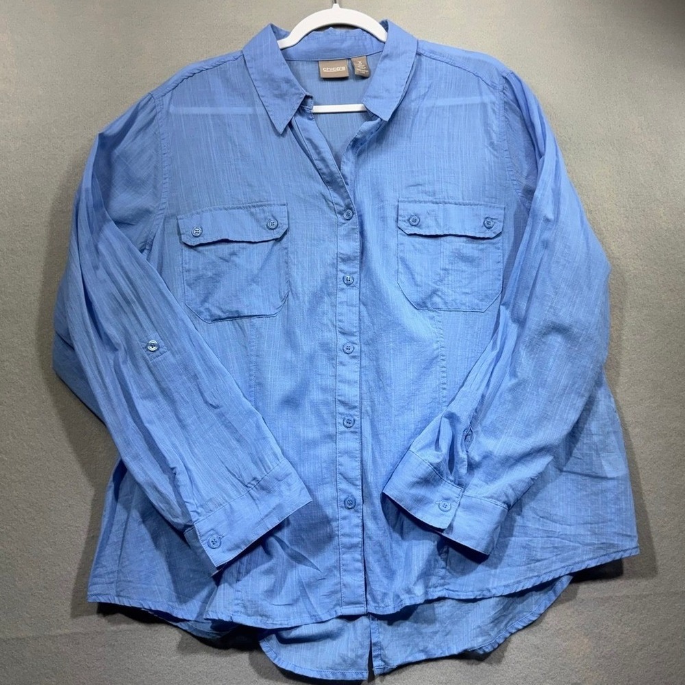Chicos Blue Cotton Slub Button Down Shirt Long Sleeve Pocket Top Size 3 L XL